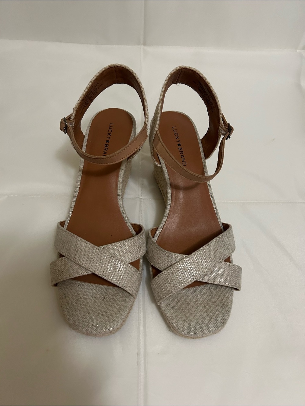Lucky Brand Strappy Wedge Sandals Beige Metallic Espadrille Size 9M